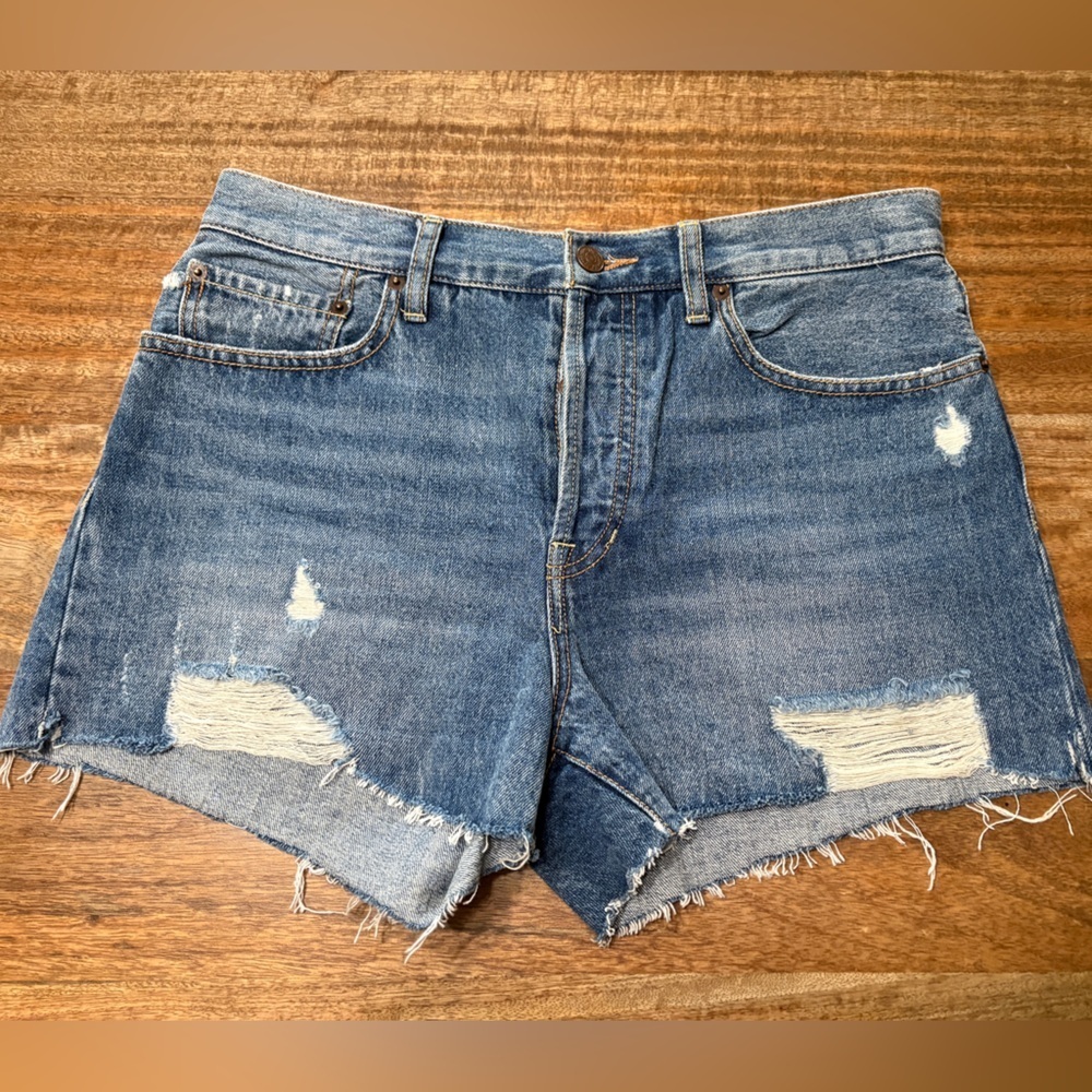 We The Free Womens Denim Shorts Button Fly Distressed Frayed Hem Blue Size 30